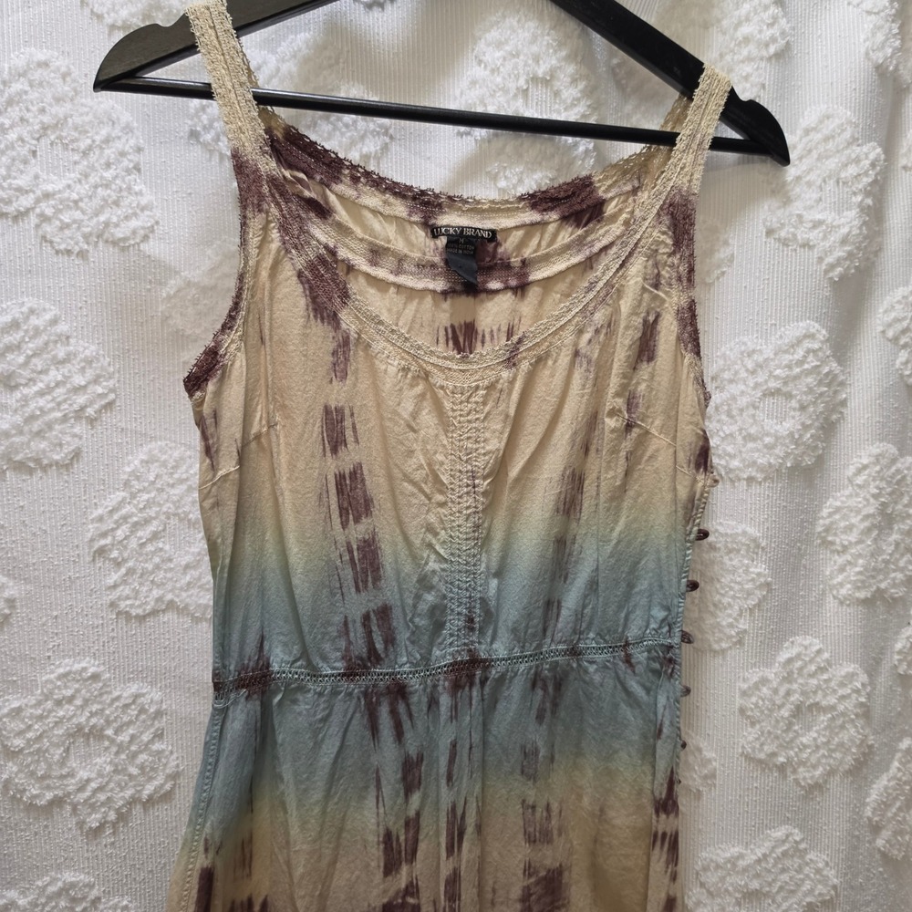 Vintage Lucky Brand Womens Tie Dye Cotton Midi Dress Boho Lace Trim Tan Blue Med